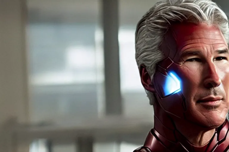 Image similar to richard gere is new iron man, epic scene from marvel movie, photo realistic