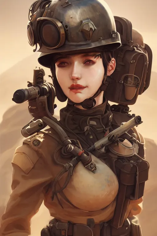 Image similar to dieselpunk soldier girl, helmet, shoulders, chest, portrait, desert, armored, highly detailed, sharp focus, art, illustrations by wlop and ayanamikodon and irakli nadar and loish and rossdraws