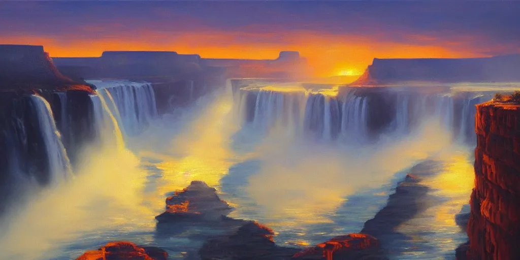 Image similar to Grand Canyon, Niagara Falls, picturesque sunset, cinematic lighting, detailed oil painting, hyperrealistic, 8k