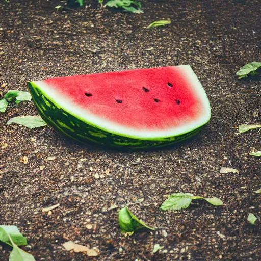 Prompt: photo of watermelon that fall and hit ground from ten thousand feet