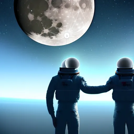 Image similar to a gay couple floating in space looking at the moon from up close, science fiction industrial hard science concept art, 8 k render octane high definition cgsociety