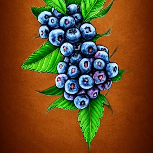 Image similar to botanical drawing of blueberry kush. Traditional art. Rustic. Nordic. 4K. Trending on artstation. Detailed Bushy. Nature. Artistic.