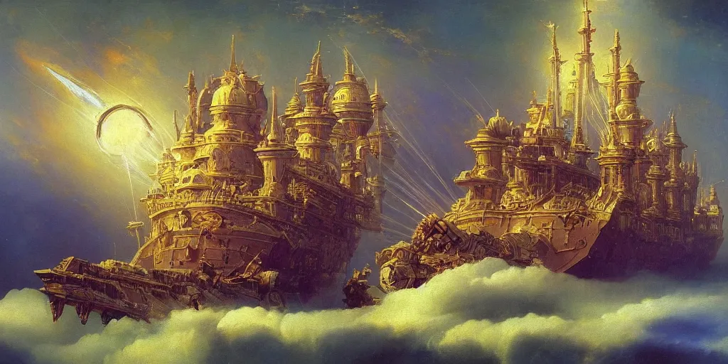 Image similar to a epic painting of glorian type spaceship, warhammer 4 0 k, intricate details, divine, by aivazovsky and botticelli