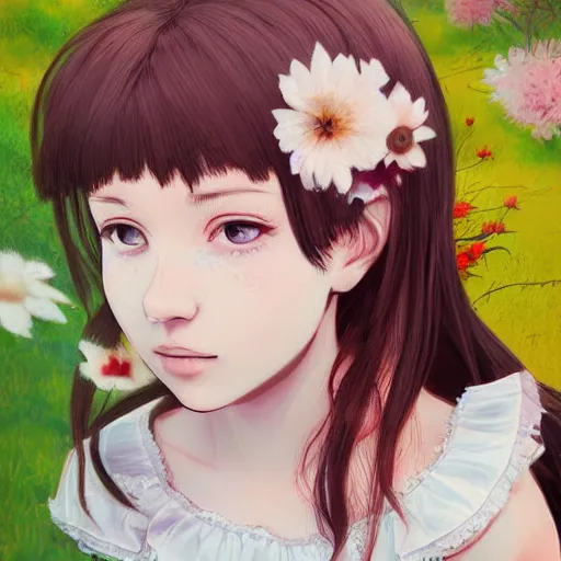 Image similar to little girl with flowers in hair wearing an white dress, art by ilya kuvshinov, profile picture, inspired in hirohiko araki, realistic, highly detailed