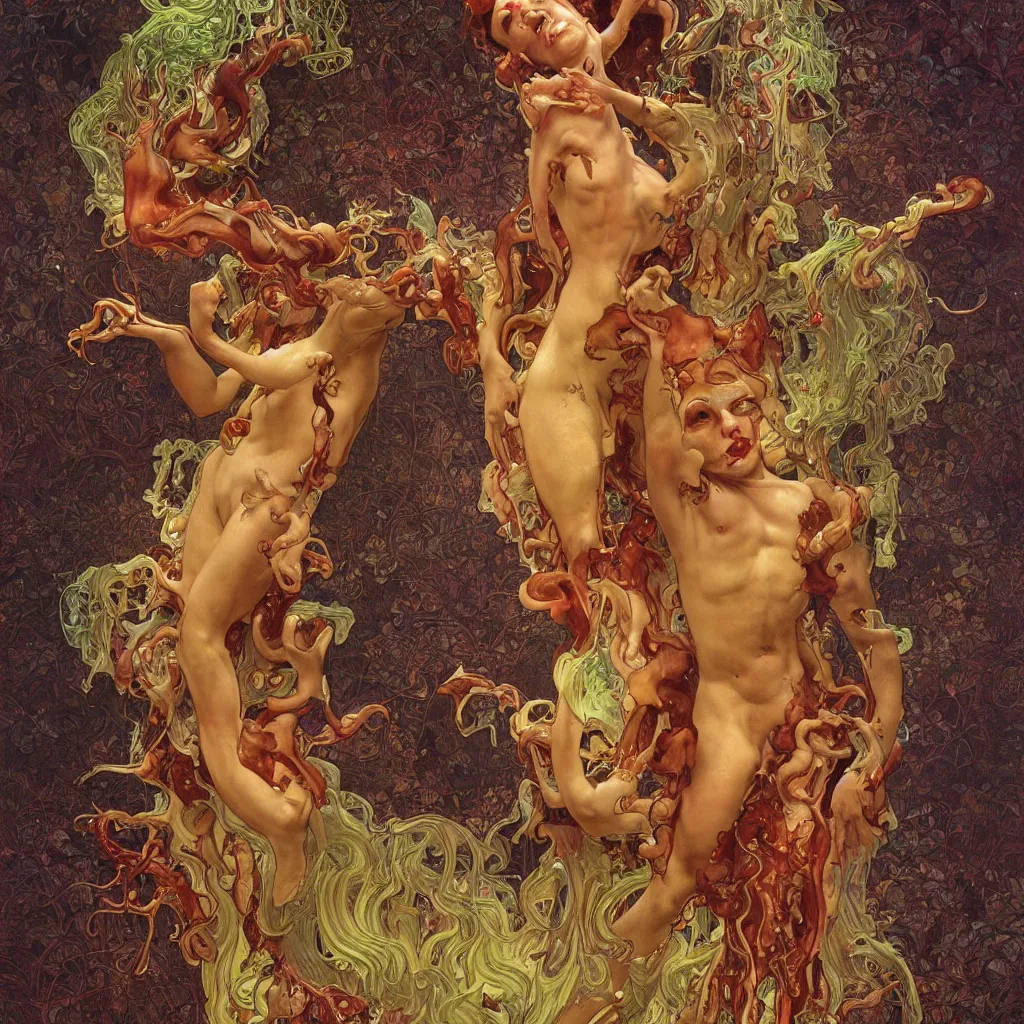 Image similar to epic photorealistic photograph of a grotesque veiny glossy wet gory nightmare fungus demon god. uhd, amazing depth, cinematic lighting, levitating floating fungus god with arms outstretched. by thomas blackshear and alphonse mucha.