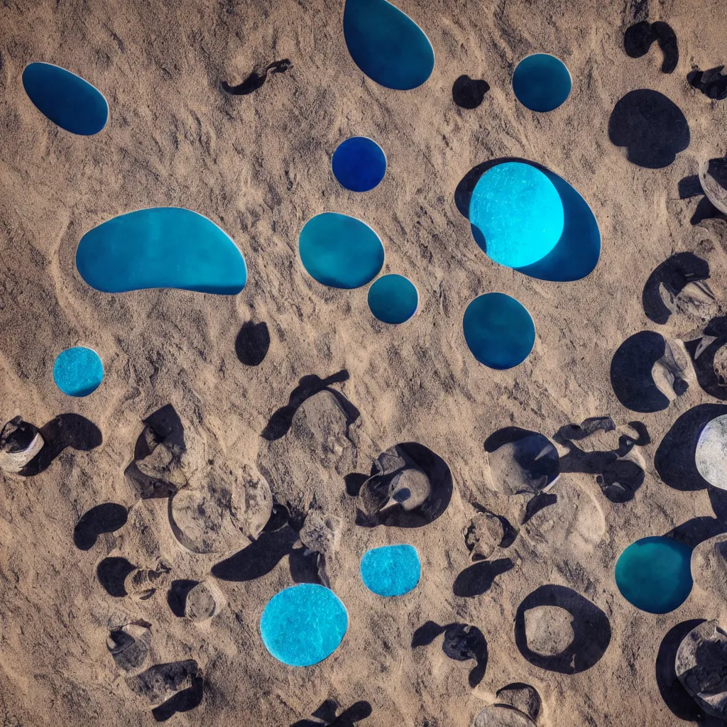 Image similar to obsidian boulders outdoor sculpture, orange sand desert with pools of milky blue water, bubbles, light leaks, birds eye view