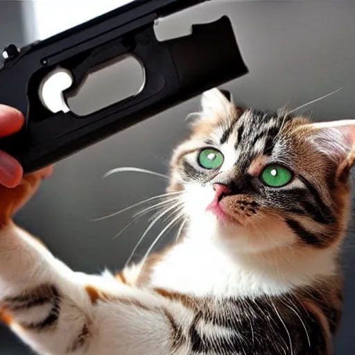 Image similar to a very cute cat holding a shotgun to the camera