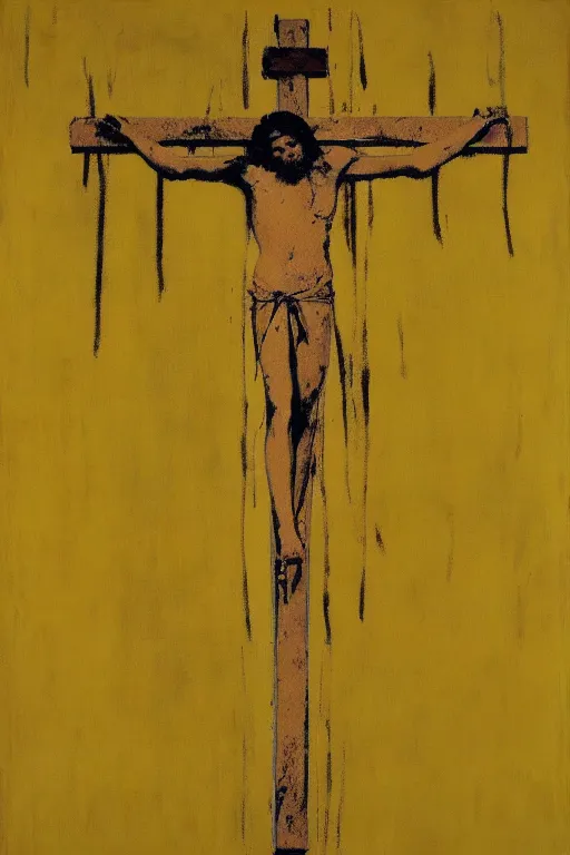 Image similar to bloody jesus christ crucified, yellow sky painted by andy warhol and cy twombly