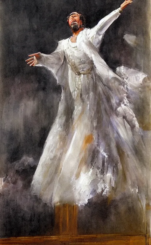 Image similar to painting artemov leonid, an opera singer in a white dress with wings on stage