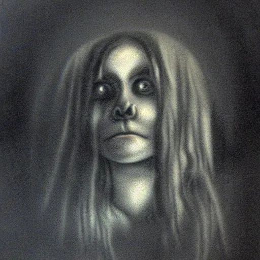 Prompt: creepy scary horror terror dream dark mezzotint girl from ring old photograph cursed