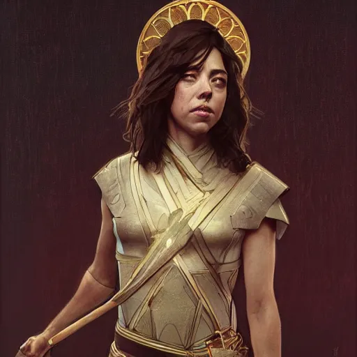 Image similar to Aubrey Plaza as a captain in the early bronze age, intricate, highly detailed, digital painting, artstation, concept art, sharp focus, illustration, art by greg rutkowski and alphonse mucha