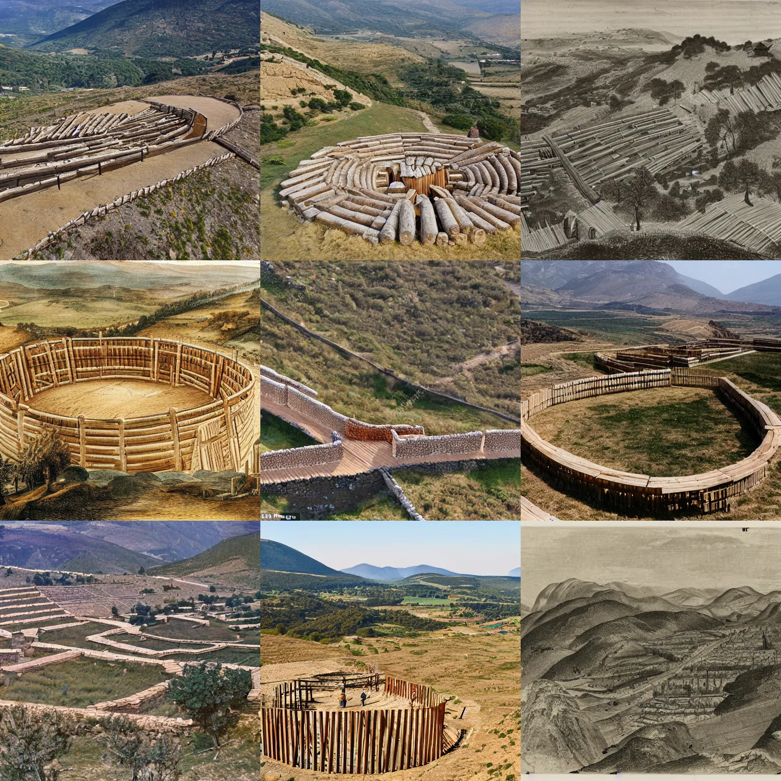 Prompt: eagle view of a circular wooden palisade containing a lively village twelve hundred bc, in the distance is a rocky hill, southern european scenery