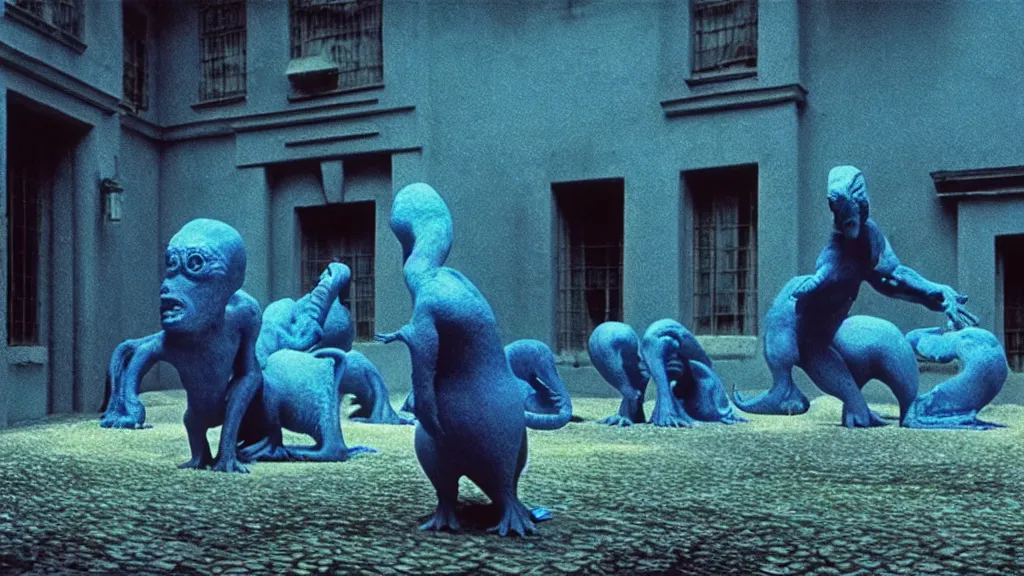 Image similar to the square creature in courtyard, made of blue liquid, surrounded by animals, film still from the movie directed by denis villeneuve and david cronenberg with art direction by salvador dali and zdzisław beksinski, wide lens