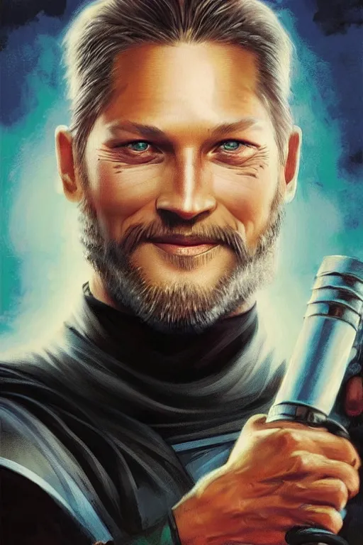 Prompt: Travis Fimmel as a Jedi Master, looking at the viewer, smiling, bald head, detailed face, high contrast, highly detailed, digital painting, sharp focus, trending on artstation, concept art, illustration, art by greg hildebrandt and clayton crain