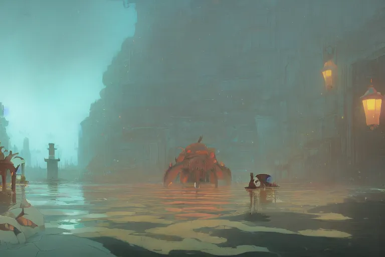 Prompt: drowned city of ancient horror, cory loftis, james gilleard, atey ghailan, makoto shinkai, goro fujita, studio ghibli, rim light, exquisite lighting, clear focus, very coherent, plain background, soft painting