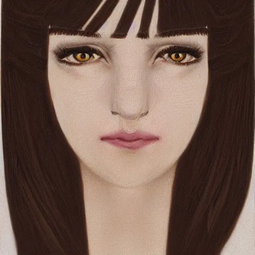 Prompt: fantasy portrait of a beautiful pale - skinned girl with dark hair and short bangs. the corners of the eyes are turned down. there is a puncture in the nose and a ring is inserted. brown eyes, long eyelashes, plump lips