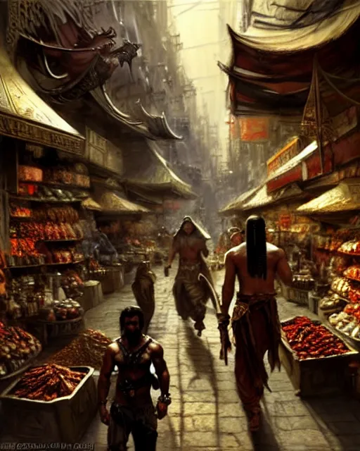 Image similar to fantasy concept art by craig mullins depicting colin farrell as an ancient egyptian rogue walking through a busy oriental market