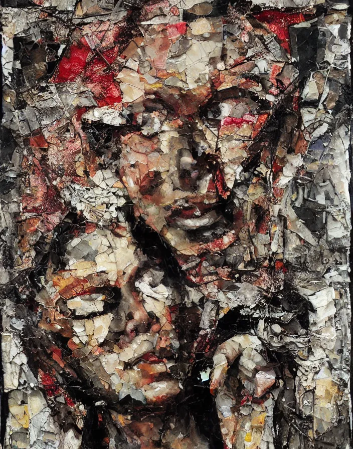 Prompt: flesh romance, detailed analogue mixed media collage with canvas texture in style of contemporary art, punk art, realism, realistic photo, expressionism, masterpiece, spectacular quality, intricate oil details, broken glass photo, torn paper intricate texture, large cracks, liquid glue spots