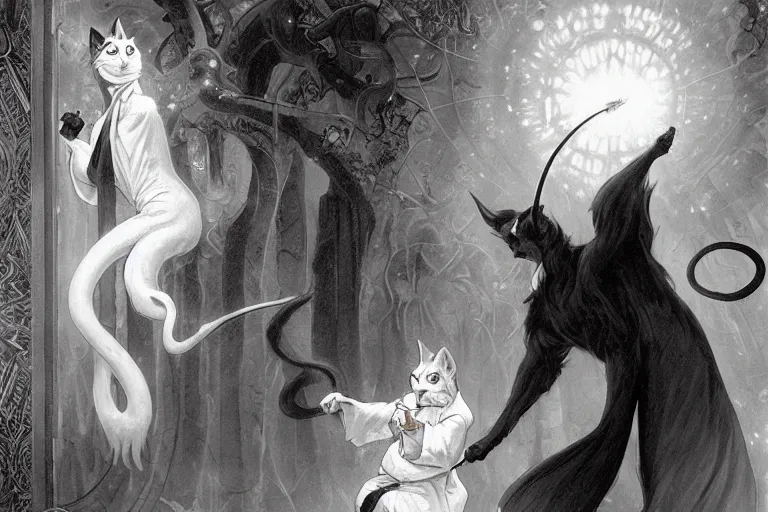 Prompt: an anthropomorphic black and white cat wearing long flowing robes teaches his apprentice a new magical spell in front of a magical gateway to another universe, illustration by Boris Vallejo, rutkowski, thomas kindkade, alphonse mucha, loish, norman rockwell, artstation, furaffinity