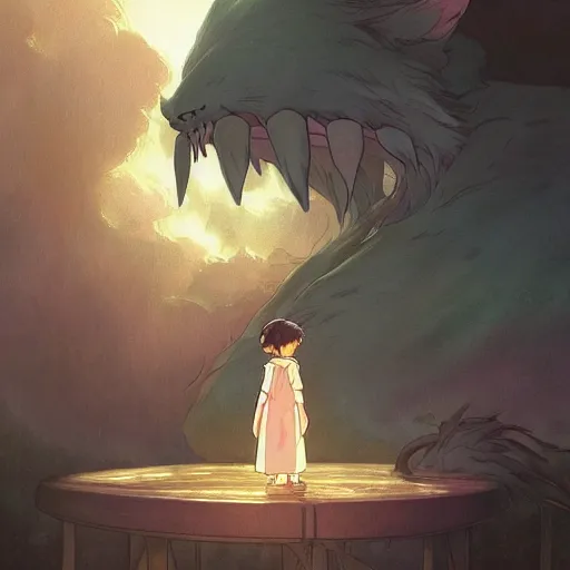 Image similar to h!dream a kid and a monster cat in the night made by studio ghibli beautiful scene highly detailed, digital painting, artstation, concept art, smooth, sharp focus, illustration, art by artgerm and greg rutkowski and alphonse mucha 8k