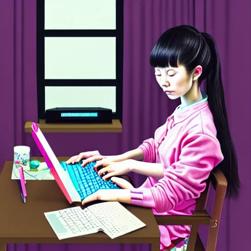 Image similar to full view of girl studying at her computer, in taipei, style of yoshii chie and hikari shimoda and martine johanna and disney, highly detailed