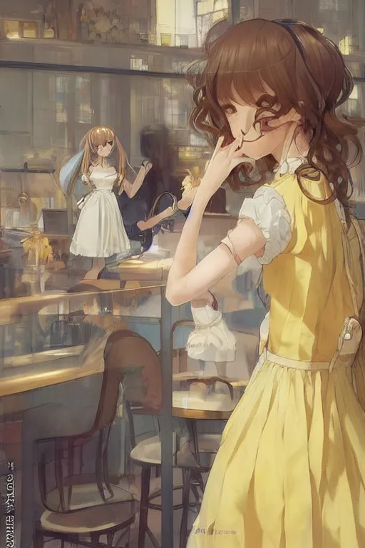 Prompt: A girl in a maid's outfit in a cafe a afternoon, wavy hair yellow theme,S line,45 angel by krenz cushart and range murata and greg rutkowski