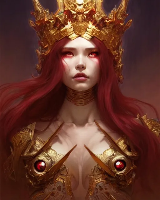 Image similar to concept art by artgerm, attractive i robot demon queen with crown and red eyes, soft natural light, intricate, elegant, highly detailed, digital painting, artstation, concept art, smooth, sharp focus, illustration, art by by gaston bussiere and greg rutkowski and alphonse mucha and uang guangjian and gil elvgren, symmetry!!