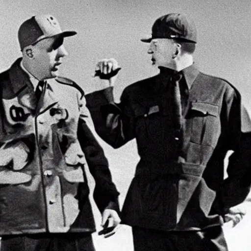 Prompt: 1 9 4 0 s photo of eminem having a rap battle with hitler on moon,