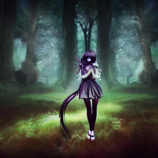 Image similar to portrait of beautiful darkness witch as a 3D anime girl, dark forest moonlight background, inspired by Tim Burton, digital painting, unreal engine render, volumetric light, high détail