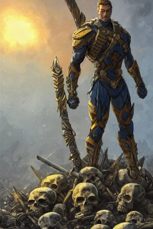 Prompt: a distant shot of a super soldier with blue and yellow flag and a trident symbol standing alone on a huge pile of skulls as a winner, masculine figure, D&D, fantasy, intricate, elegant, highly detailed, extremely detailed, digital painting, artstation, concept art, matte, smooth, sharp focus, illustration, art by Artgerm and Greg Rutkowski and Alphonse Mucha