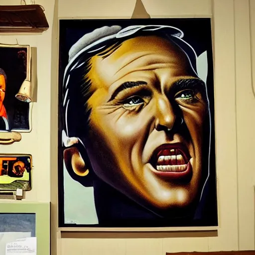 Image similar to beautiful lifelike painting of gene kelly demanding a refund on undercooked overpriced dinosaur steak in downtown dive bar bistro, hyperreal detailed facial features and uv lighting, retro pixel bitmap art by ed roth and basil wolverton