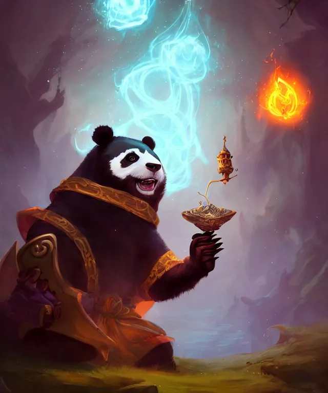 Image similar to a portrait an anthropomorphic panda mage casting a spell, wearing mage robes, landscape in background, cute, dnd character art portrait, by world of warcraft and peter mohrbacher, cinematic lighting