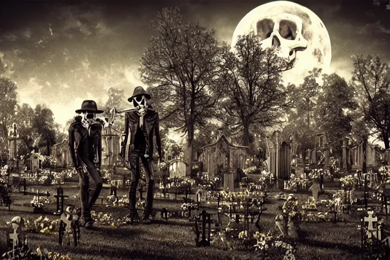 Prompt: skeletons in leather jackets with guitars in the hands in a cemetery, rock concert, dark night, full moon, the oak tree, highly detailed digital art, photorealistic