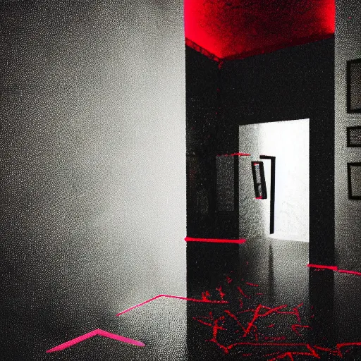 Image similar to cctv of an extremely dark empty room with glowing humanoid cryptid monster made out of static, dark deep black shadows, red and black color contrast in the style of trevor henderson and james ensor goya, liminal space, 3 d octane render, glitch effect