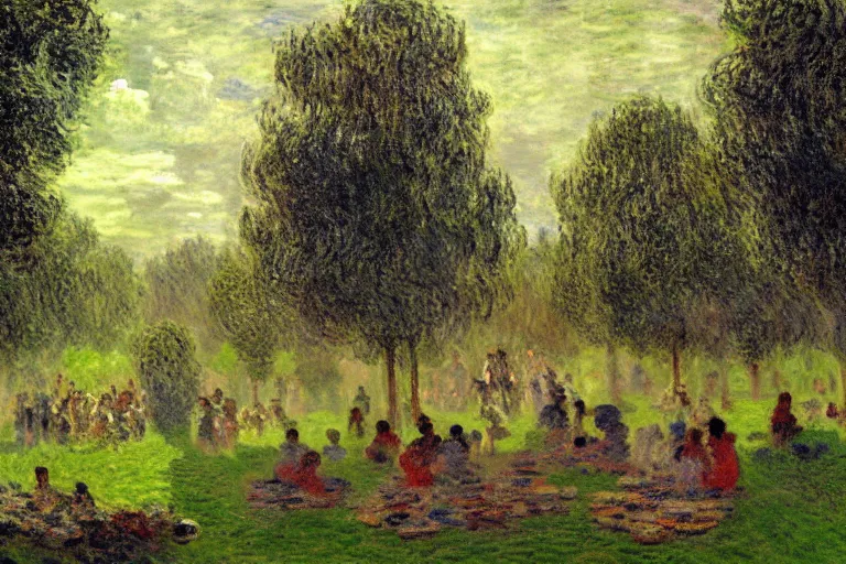 Image similar to a detailed illustration of a god ruining a picnic in the park, nightmare in the park, small crowd of people, calamity, dark storms with lightning, 8 k, art by claude monet and andreas rocha and albert bierstadt