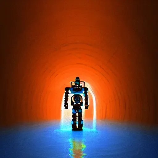 Image similar to cool illustration of a robot in a dark underwater tunnel, orange and blue lighting, high detail, rust, in the style of Sergeant and Bouguereau, tragic, red trees, trending on artstation, masterpiece