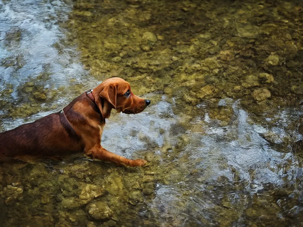 Image similar to a dog standing!!!!! in a stream!!!!!, looking down, reflection in water, ripples, beautiful!!!!!! swiss forest, photograph, character design, national geographic, soft focus