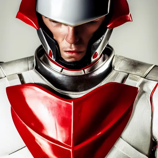 Prompt: headshot of a tall athletic muscular infantry man in glossy sleek white armor with tiny red details and a long red cape, heroic posture, strong jawline, on the surface of mars, night time, dramatic lighting, cinematic, sci-fi, hyperrealistic