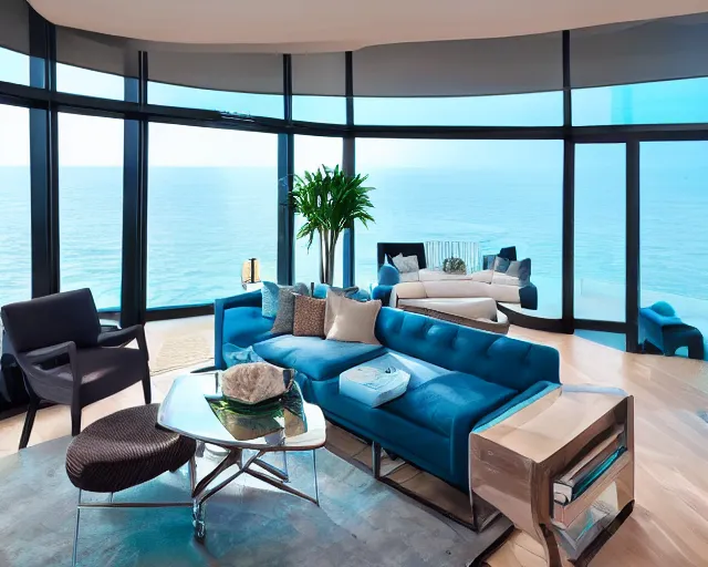 Image similar to A modern living room in a ocean hues style, ocean view, luxurious table, calm, relaxed style, harmony, wide angle shot, 8k resolution, professional lighting