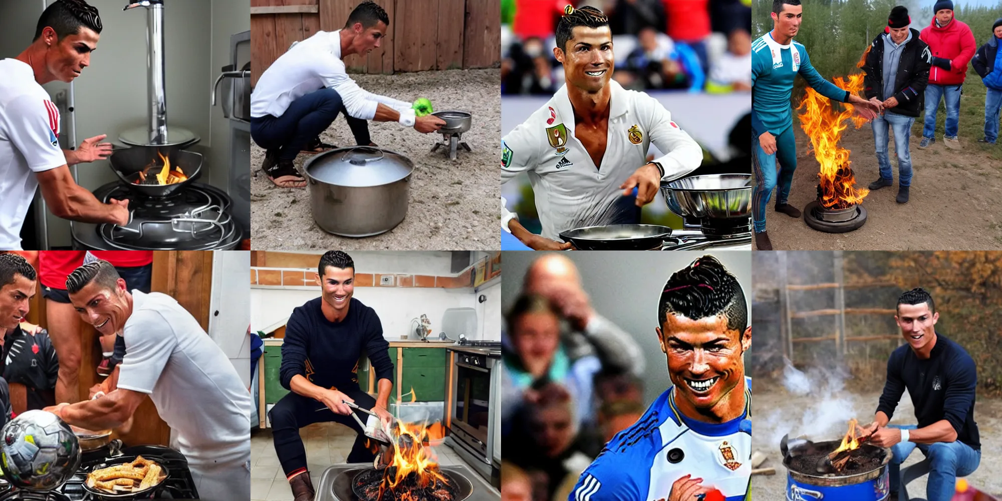 Prompt: Cristiano Ronaldo rides a stove in a Russian village
