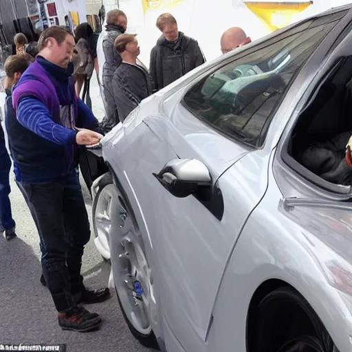 Prompt: car manipulator picks up one person from a queue of people looking for a store