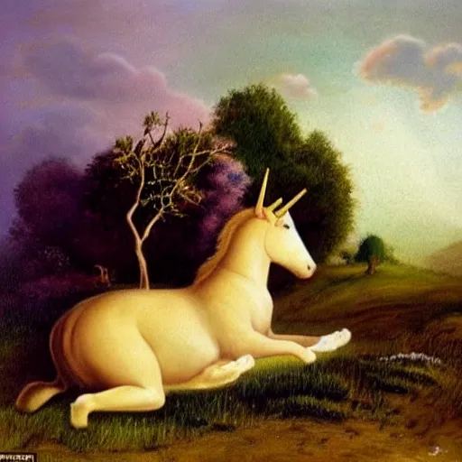 Image similar to dream : a fabulous landscape, a magical unicorn. a boy is sitting astride him. a cat is lying