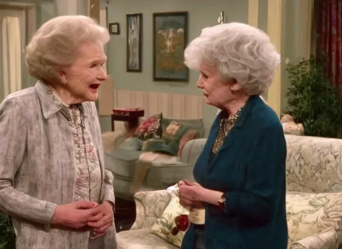 Image similar to a screenshot of jon snow speaking to betty white in an episode of the golden girls