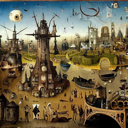 Image similar to riverside steampunk city, painting by hieronymus bosch