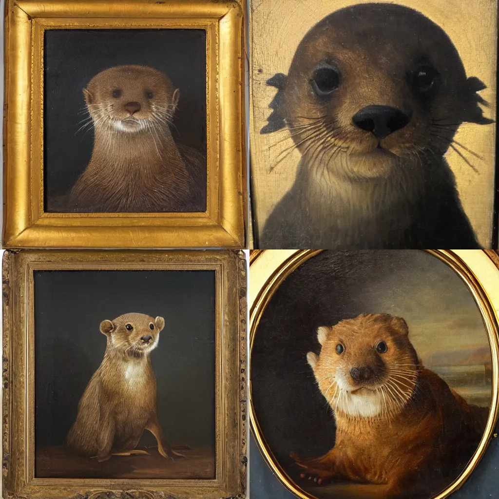 Prompt: full - frame dutch golden age oil painting portrait of an otter wearing a ruff collar, warm lighting, chiaroscuro