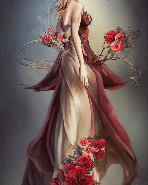 Prompt: a beautiful digital concept portrait of a beautiful woman with fox wearing a wearing a long silk dress with roses by stanley artgerm lau wolp ross draws lerapi and skimichan