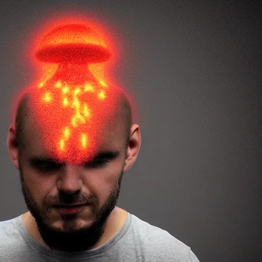 Prompt: man with head as a mushroom cloud