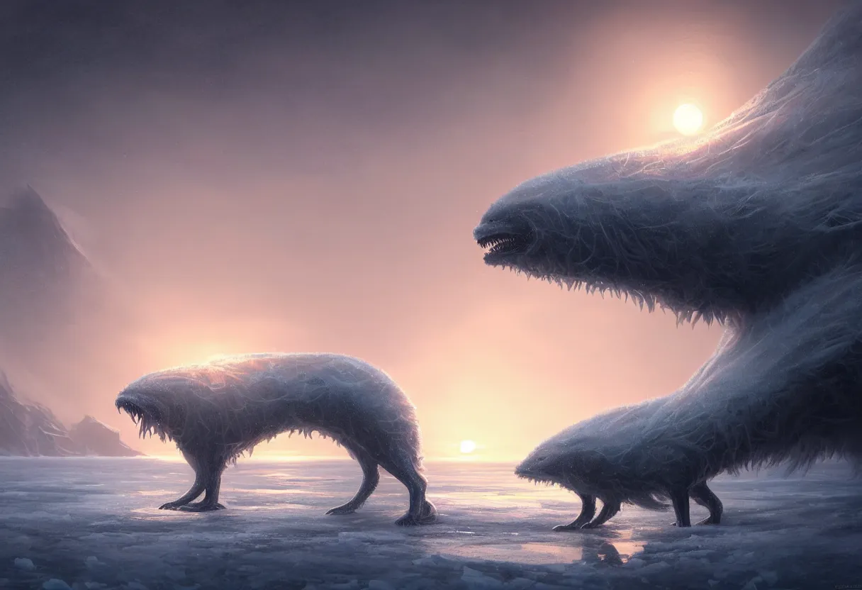 Image similar to strange sea animal emerging from surface of another frozen winter planet at sunset, ultra high definition, ultra detailed, symmetry, fog, matte painting, by greg rutkowski and ross tran and wlop