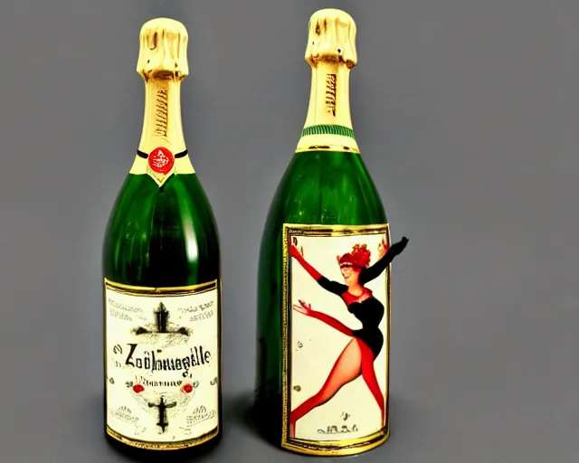 Image similar to vintage, melchizedek champagne bottle. cancan girl dancing, french, realistic, cheerful, belle epoque, absinthe robette