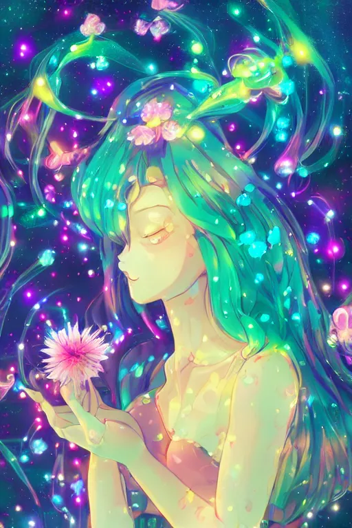 Prompt: psychedelic, whimsical, anime, 4k, beautiful intimate woman vaping with professional makeup, long trippy hair, a crystal and flower dress, sitting in a reflective pool, surrounded by gems, underneath the stars, rainbow fireflies, trending on patreon, deviantart, twitter, artstation, volumetric lighting, heavy contrast, art style of Ross Tran and Ilya Kuvshinov